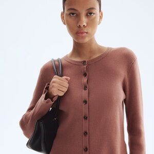 H&M Ribbed Button-Front Crewneck Sweater - Rose Brown